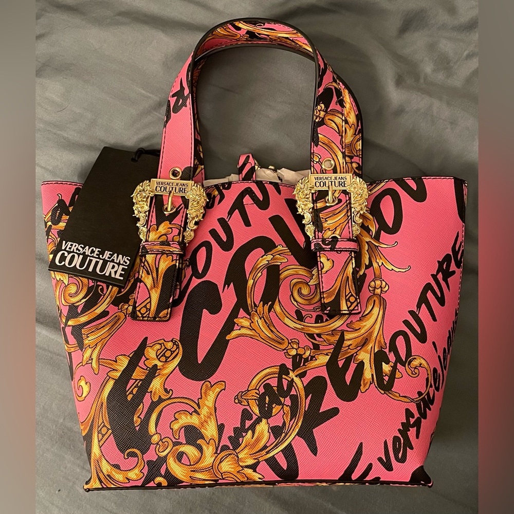 Versace Jeans Collection Pink Baroque Print Tote with Gold Hardware